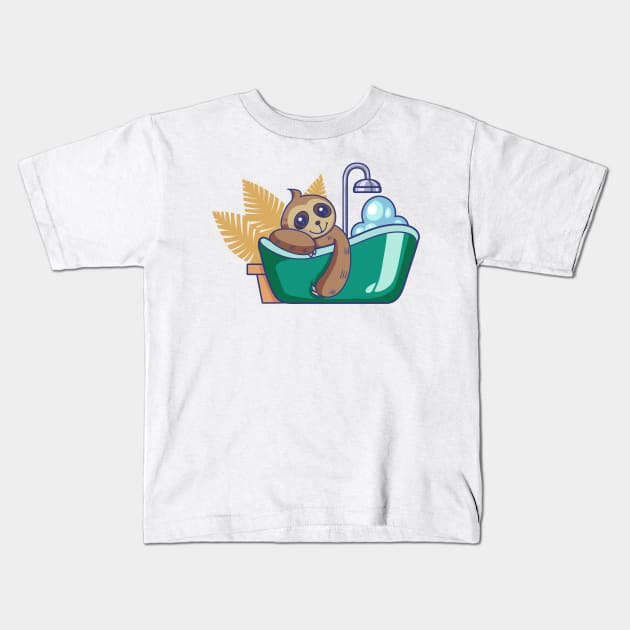 Sloth takes bath in the bathtub Kids T-Shirt by Modern Medieval Design